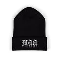 Embroidered Gothic "Maa" Cuffed Beanie — Black Drip Lettering Knit Hat