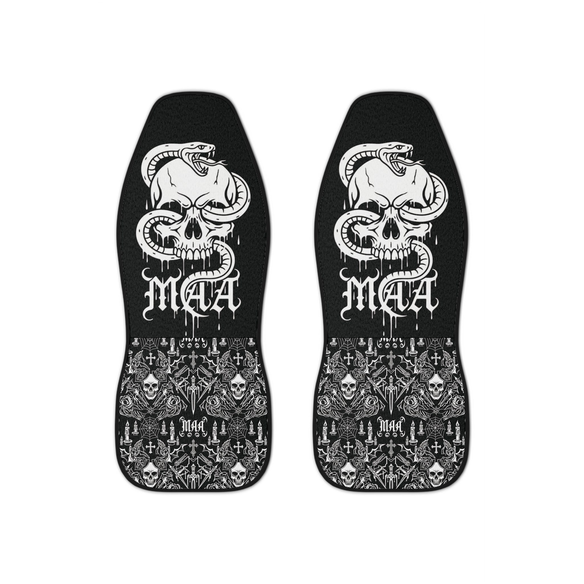 Skull & Snake Car Seat Covers — Gothic Black Auto Seat Protector ("MAA" Design)