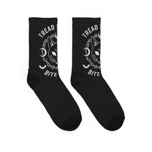 Crew Socks — 'Tread Lightly, Bite Hard' Gothic Cat Moon Graphic