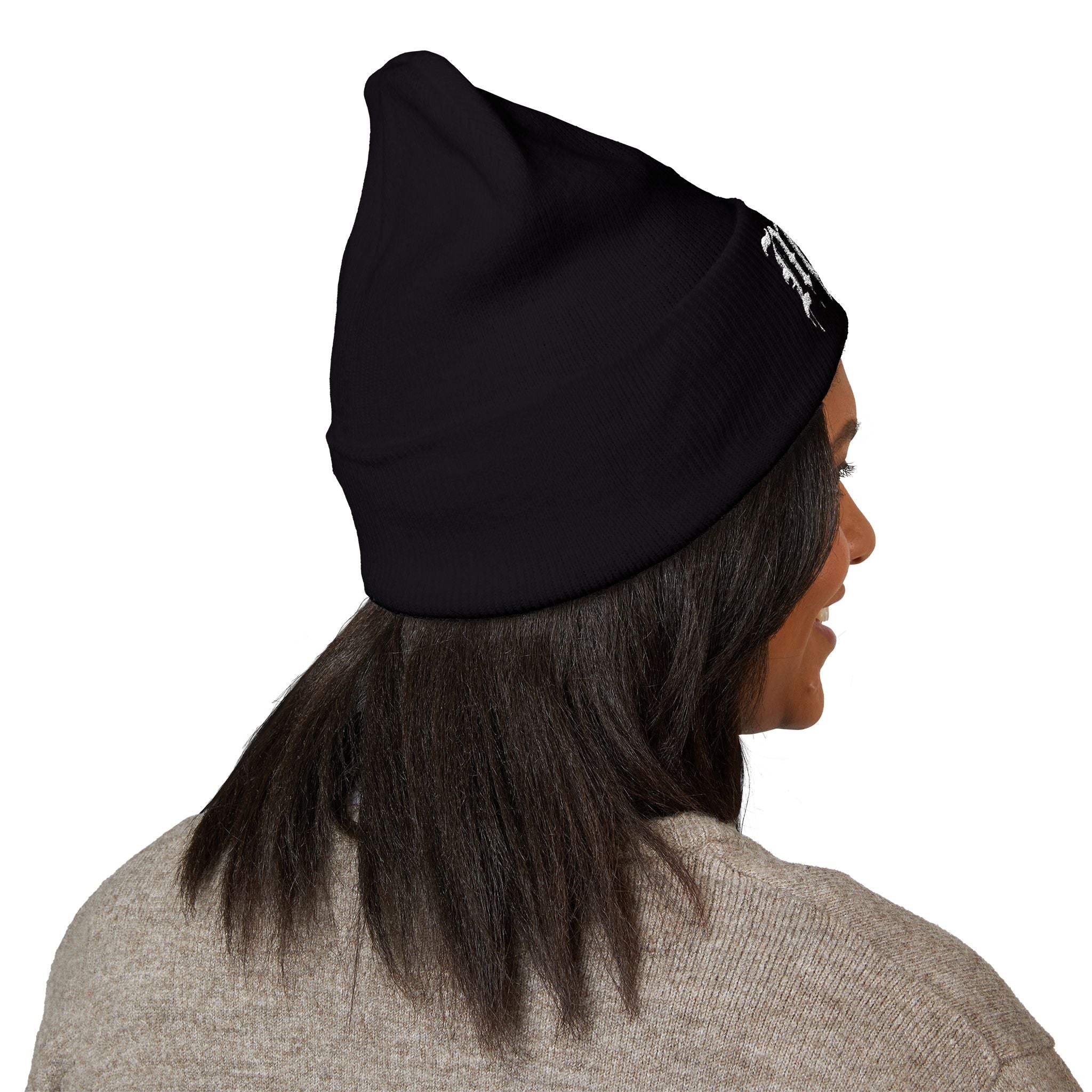 Embroidered Gothic "Maa" Cuffed Beanie — Black Drip Lettering Knit Hat