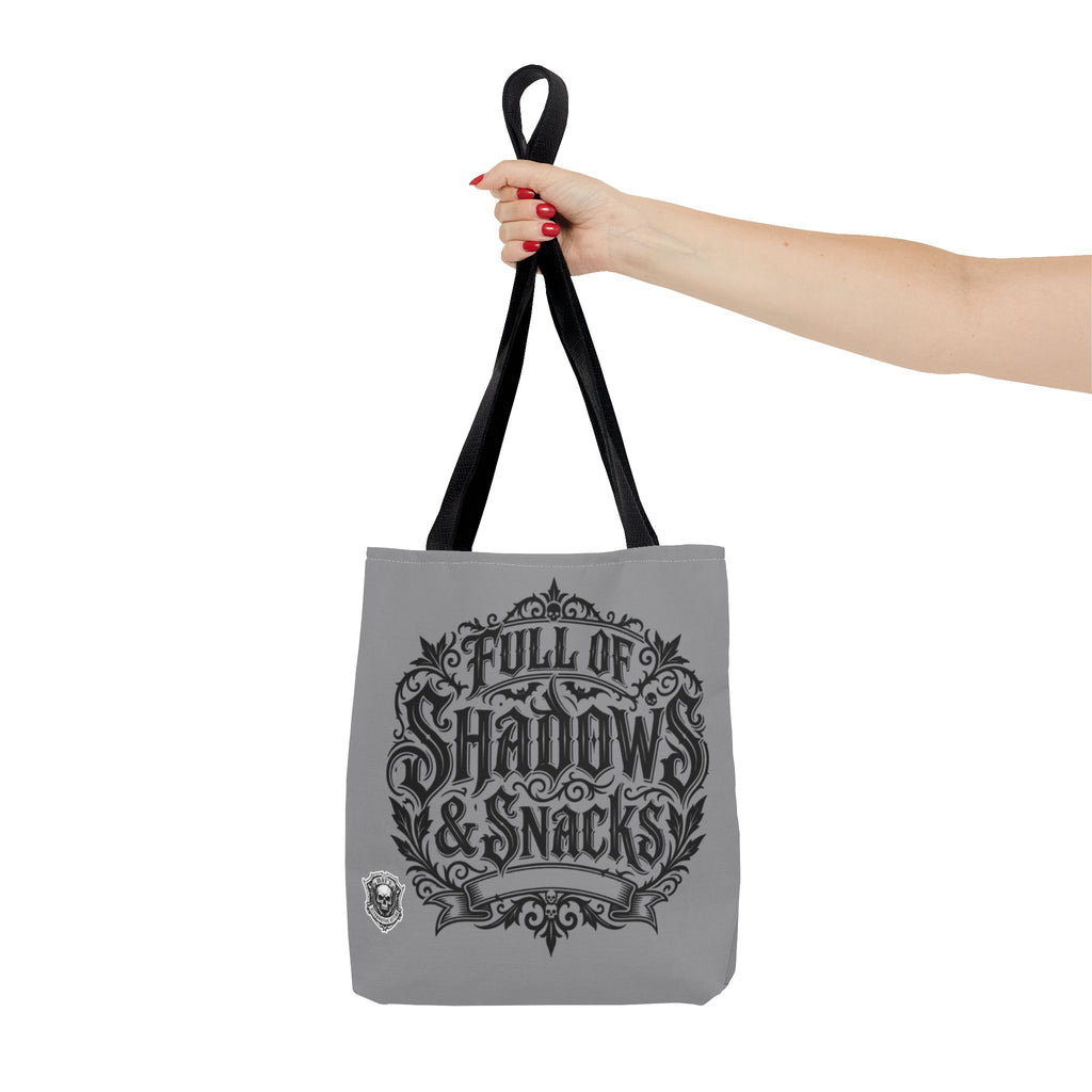 Gothic Skull Tote Bag – “Full of Shadows & Snacks” Printed AOP Tote