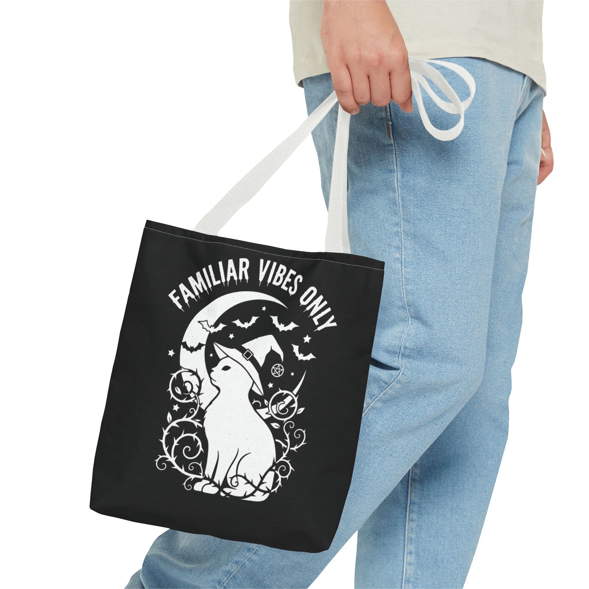 Witchy Cat Tote Bag — “Familiar Vibes Only” & M.A.A. Gothic Black Tote