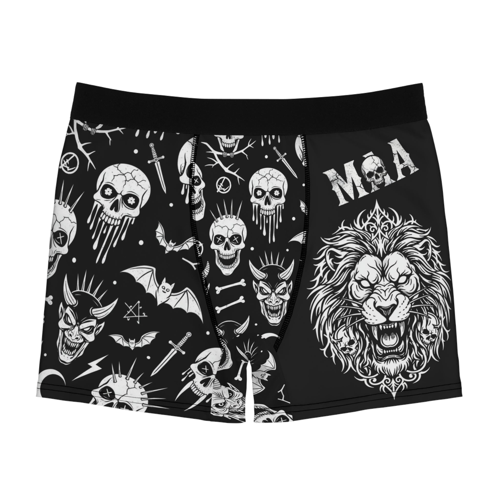 Gothic Skull & Lion Boxer Briefs — Dark Tattoo-Style All-Over Print