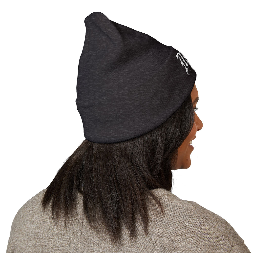 Embroidered Gothic "Maa" Cuffed Beanie — Black Drip Lettering Knit Hat