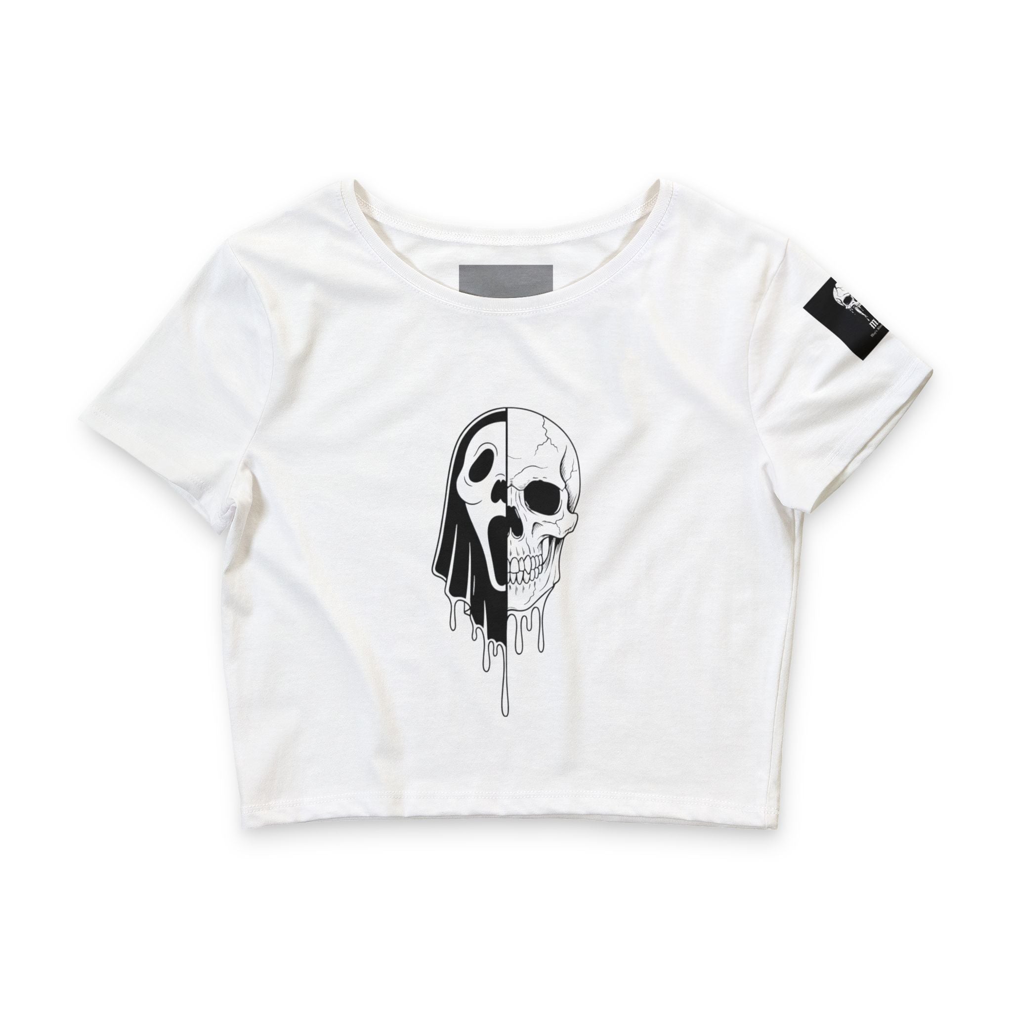 Skull Split Crop Tee — Dripping Half-Skull Graphic Women’s Top