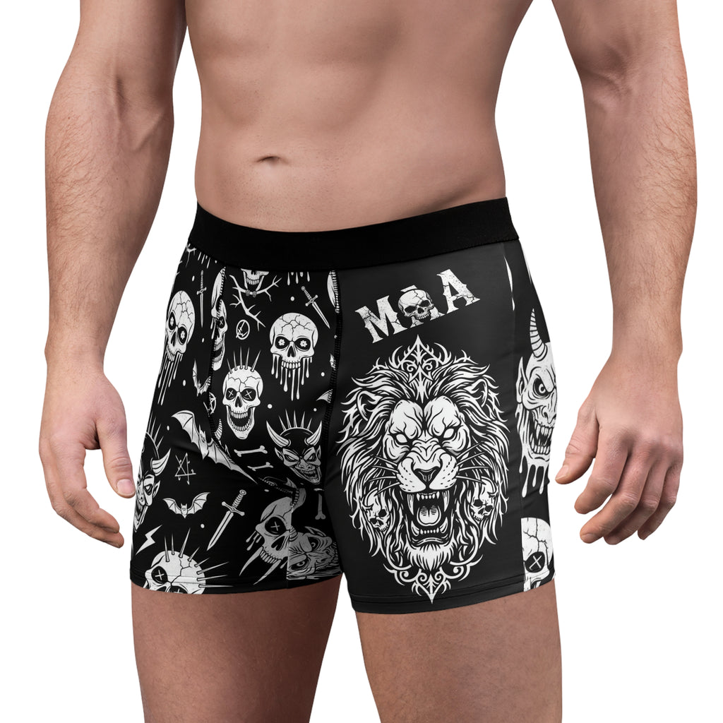 Gothic Skull & Lion Boxer Briefs — Dark Tattoo-Style All-Over Print