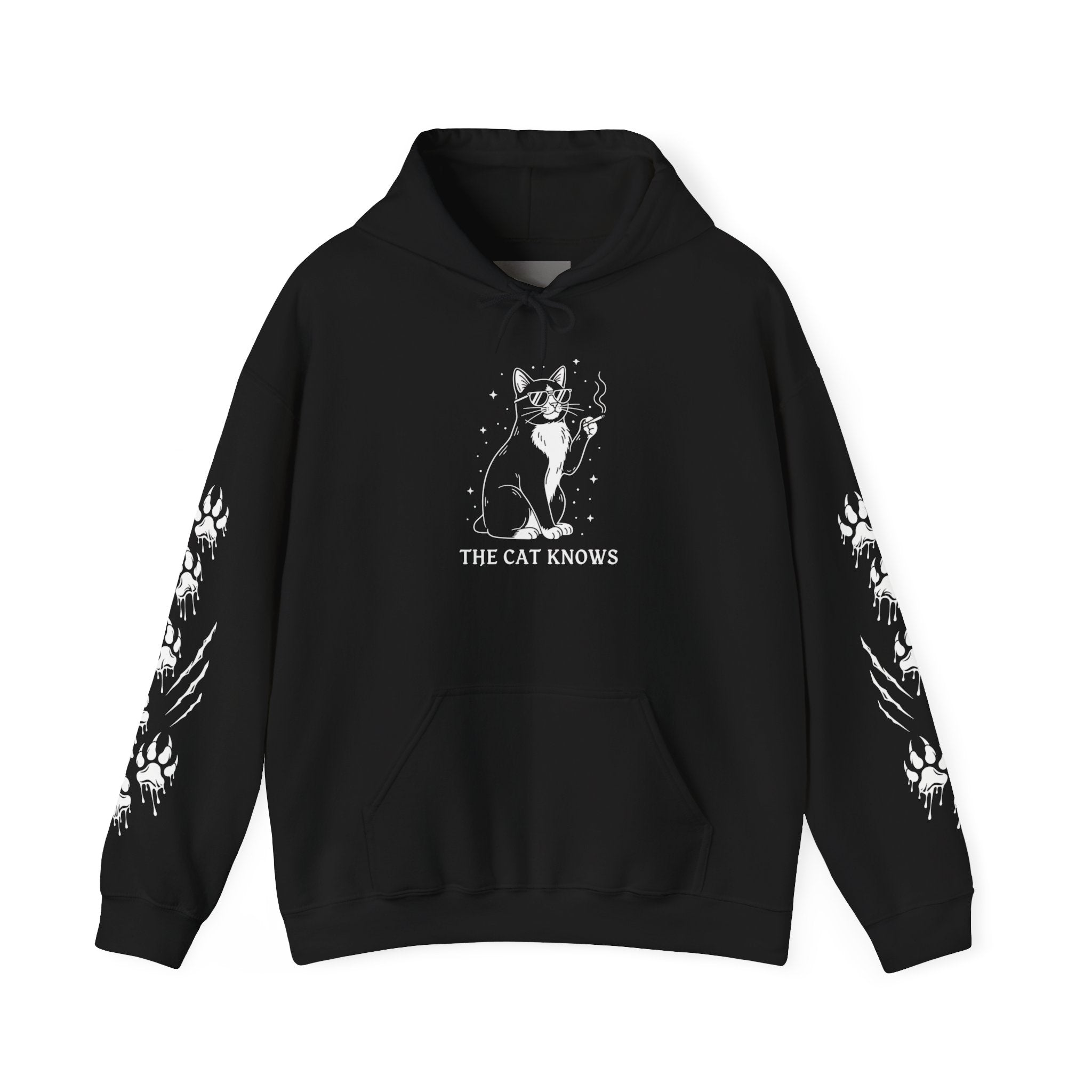 Cat Knows Hoodie — Black Graphic Cat Pullover with Paw Sleeve Prints