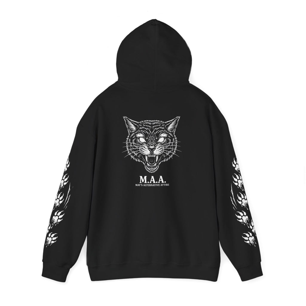 Cat Knows Hoodie — Black Graphic Cat Pullover with Paw Sleeve Prints
