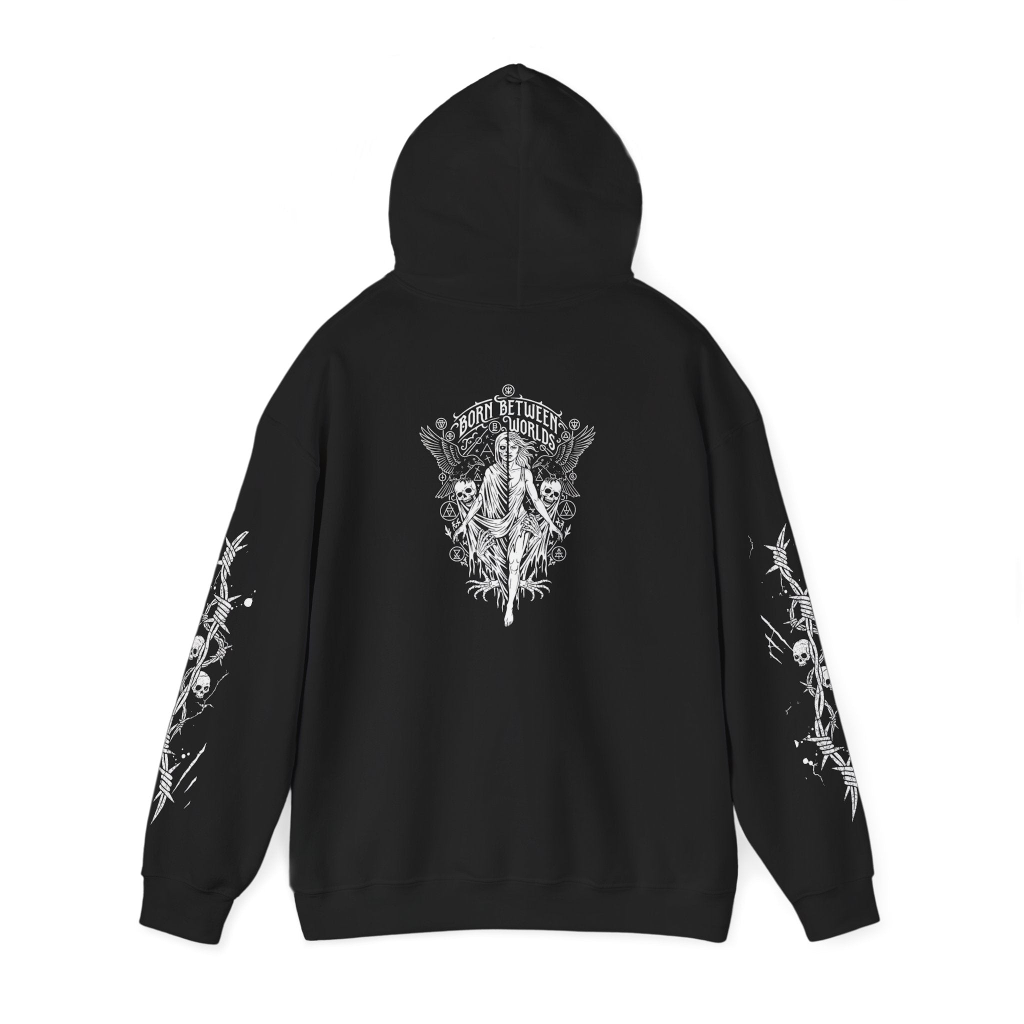 Born Between Worlds Hoodie — Gothic Occult Graphic Pullover