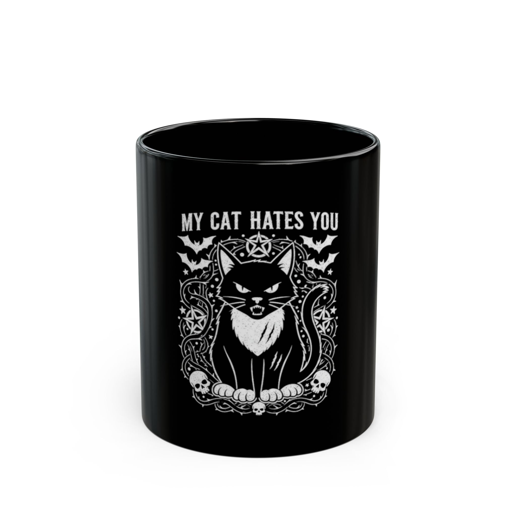 My Cat Hates You Black Mug — Gothic Cat Skull Coffee Cup (11oz & 15oz)