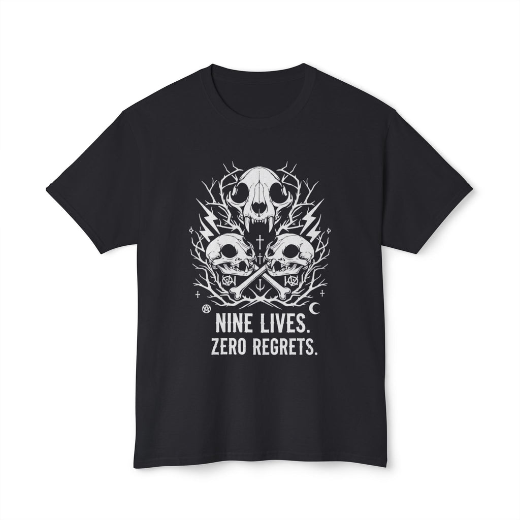 Nine Lives, Zero Regrets Cat Skull Tee — Gothic Graphic T-Shirt