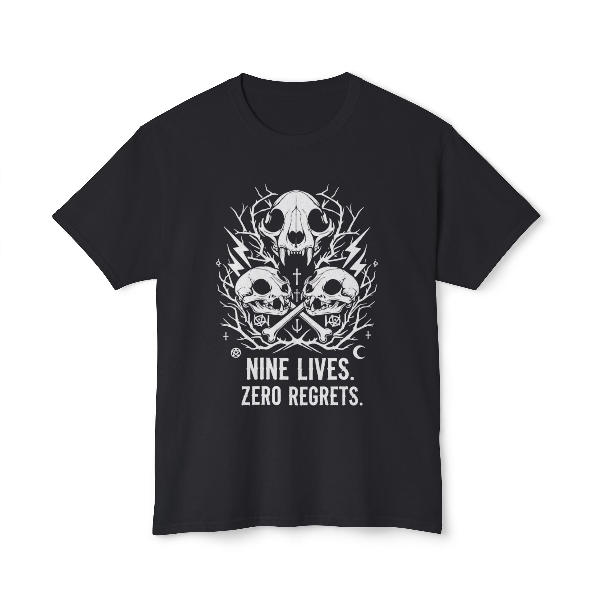 Nine Lives, Zero Regrets Cat Skull Tee — Gothic Graphic T-Shirt