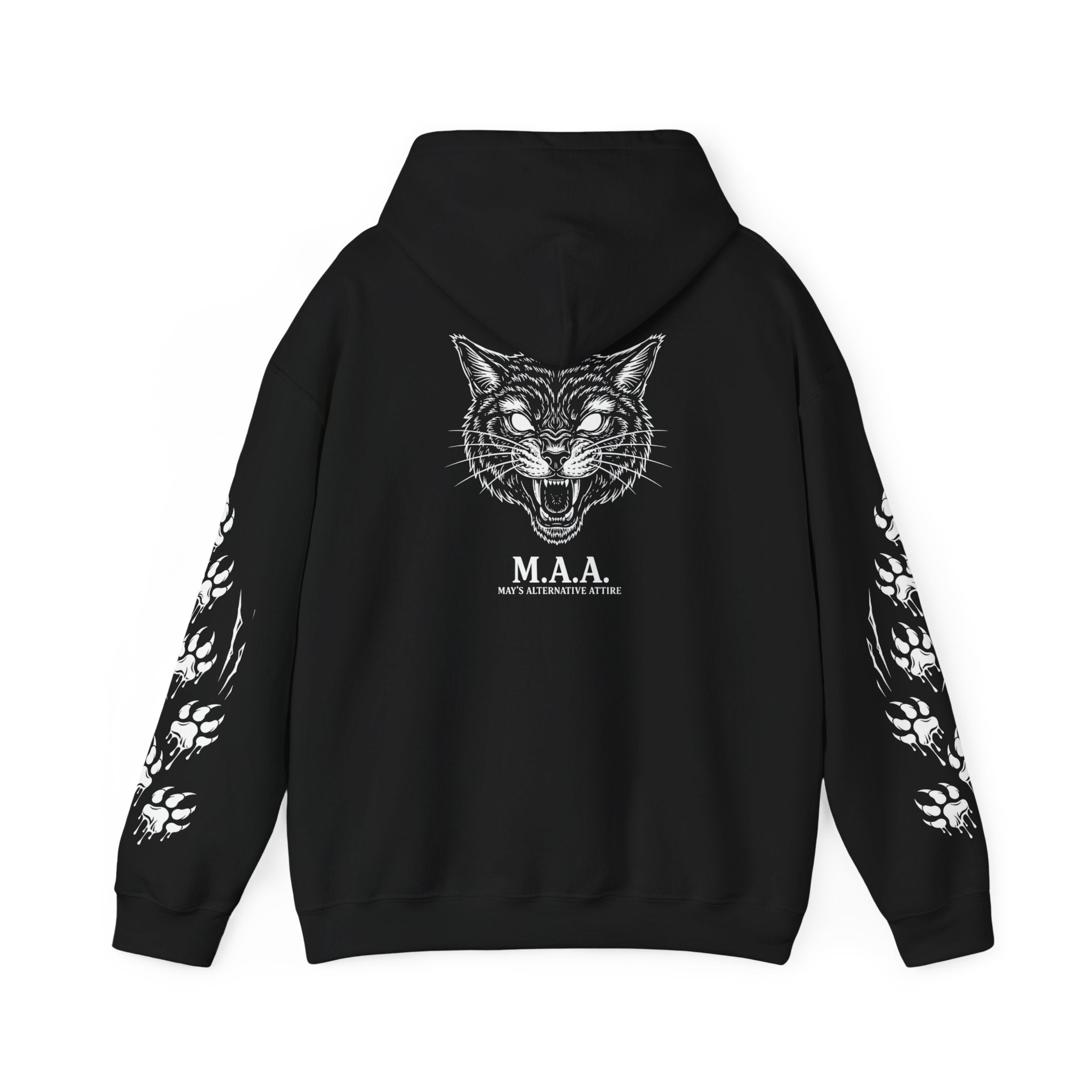 Cat Knows Hoodie — Black Graphic Cat Pullover with Paw Sleeve Prints