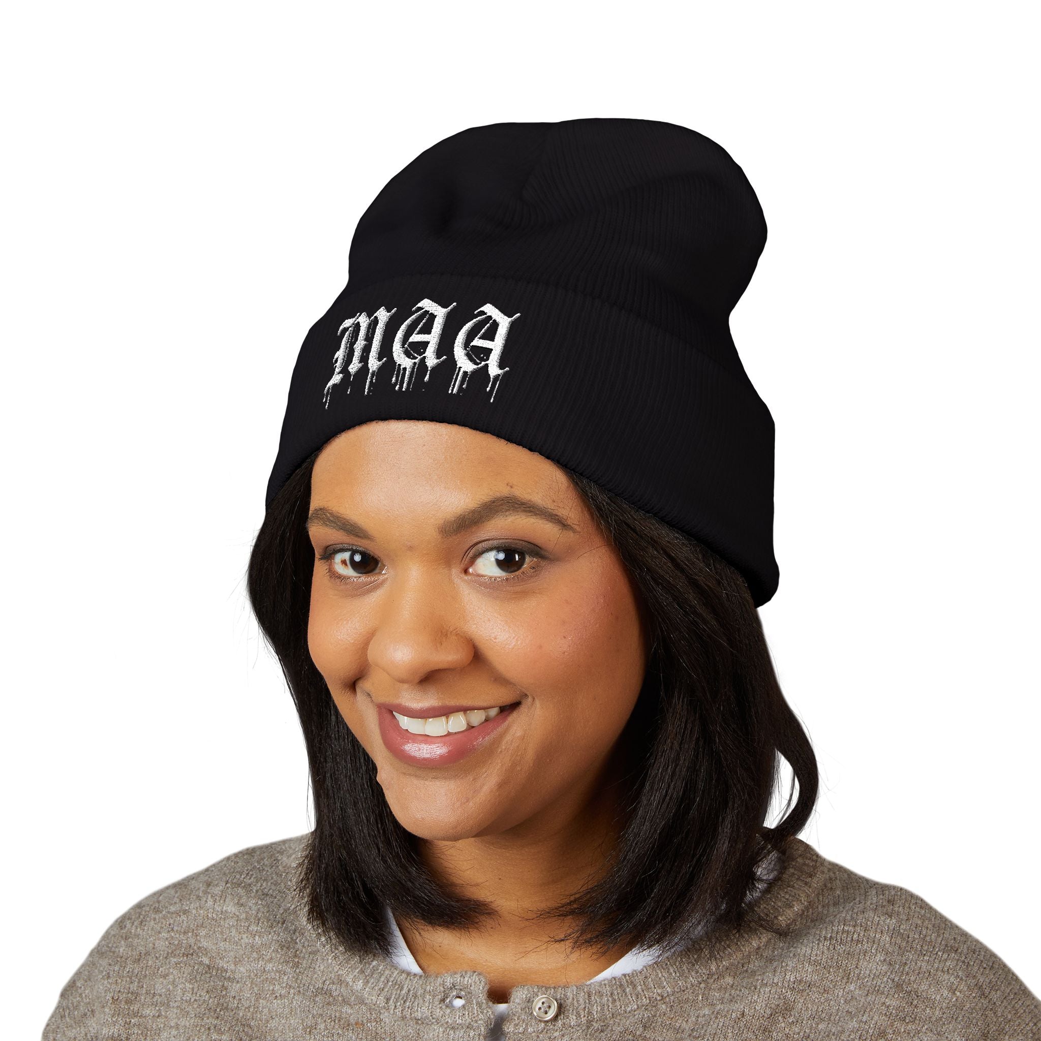 Embroidered Gothic "Maa" Cuffed Beanie — Black Drip Lettering Knit Hat