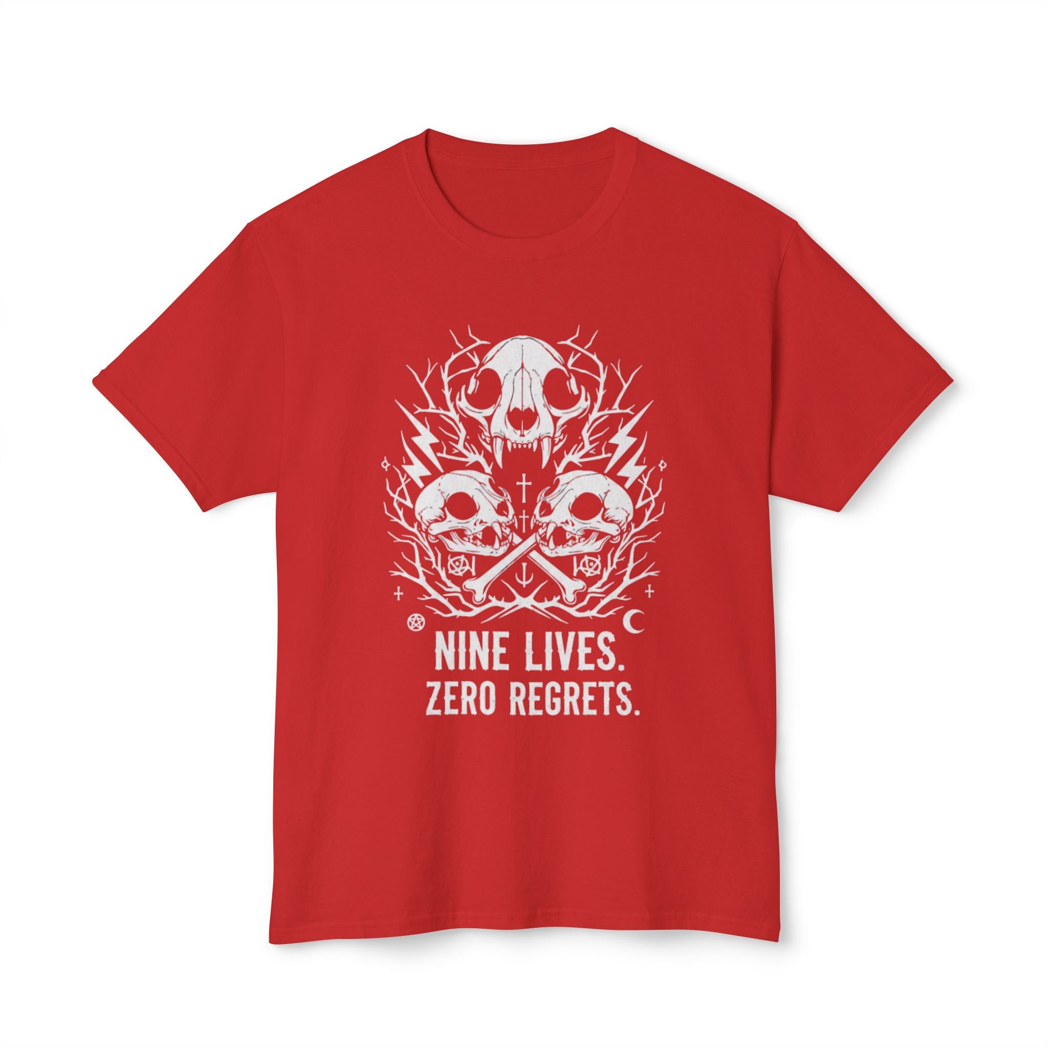 Nine Lives, Zero Regrets Cat Skull Tee — Gothic Graphic T-Shirt