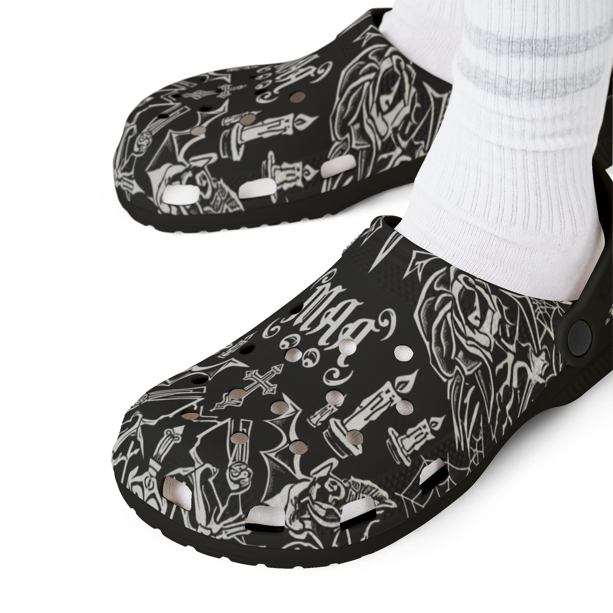 Gothic Skull & Dagger EVA Foam Clogs — Black All-Over Print