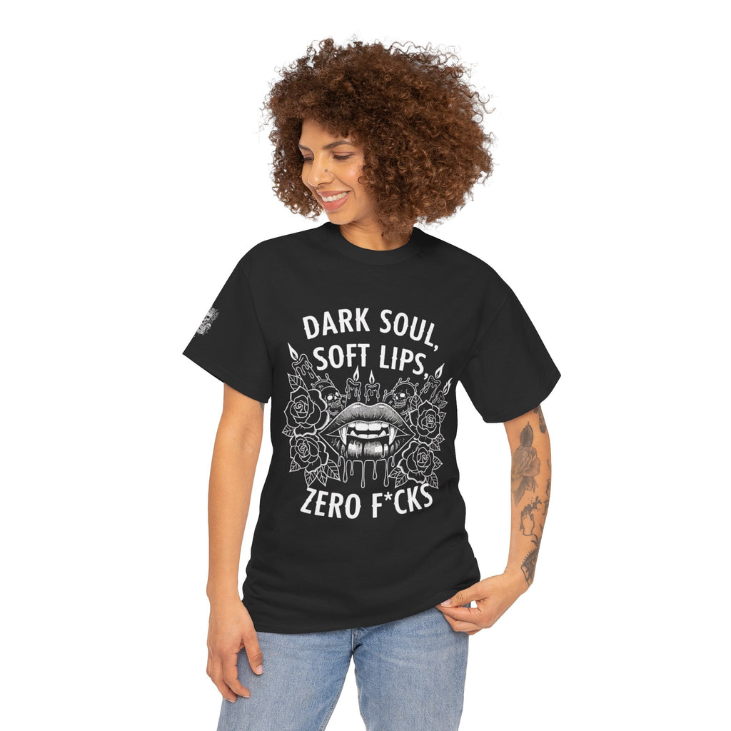 Dark Soul Skull Tee — "Dark Soul, Soft Lips, Zero F*cks" Gothic Graphic T-Shirt