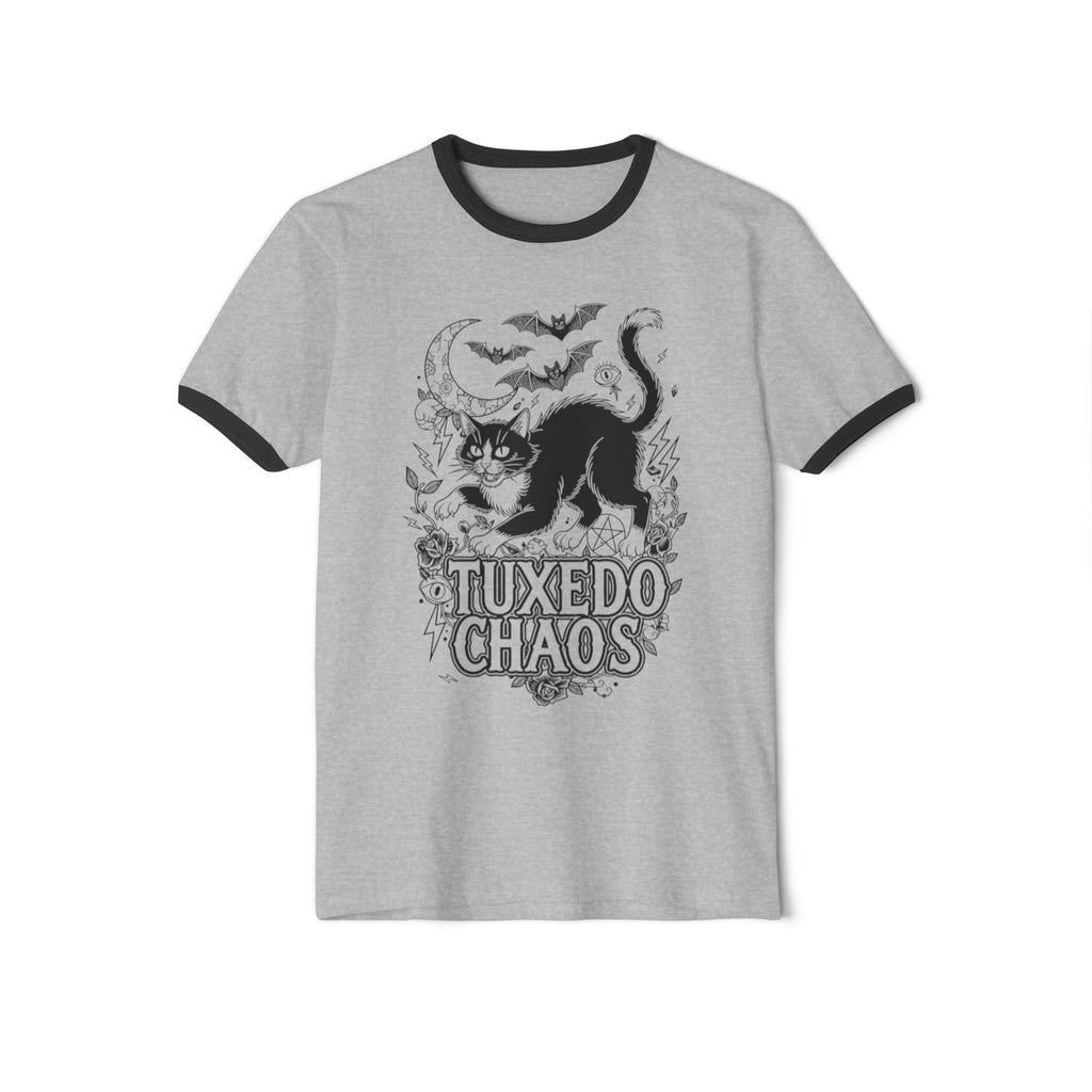 Ringer T-Shirt — “Tuxedo Chaos” Cat & Skull Graphic Retro Goth Tee