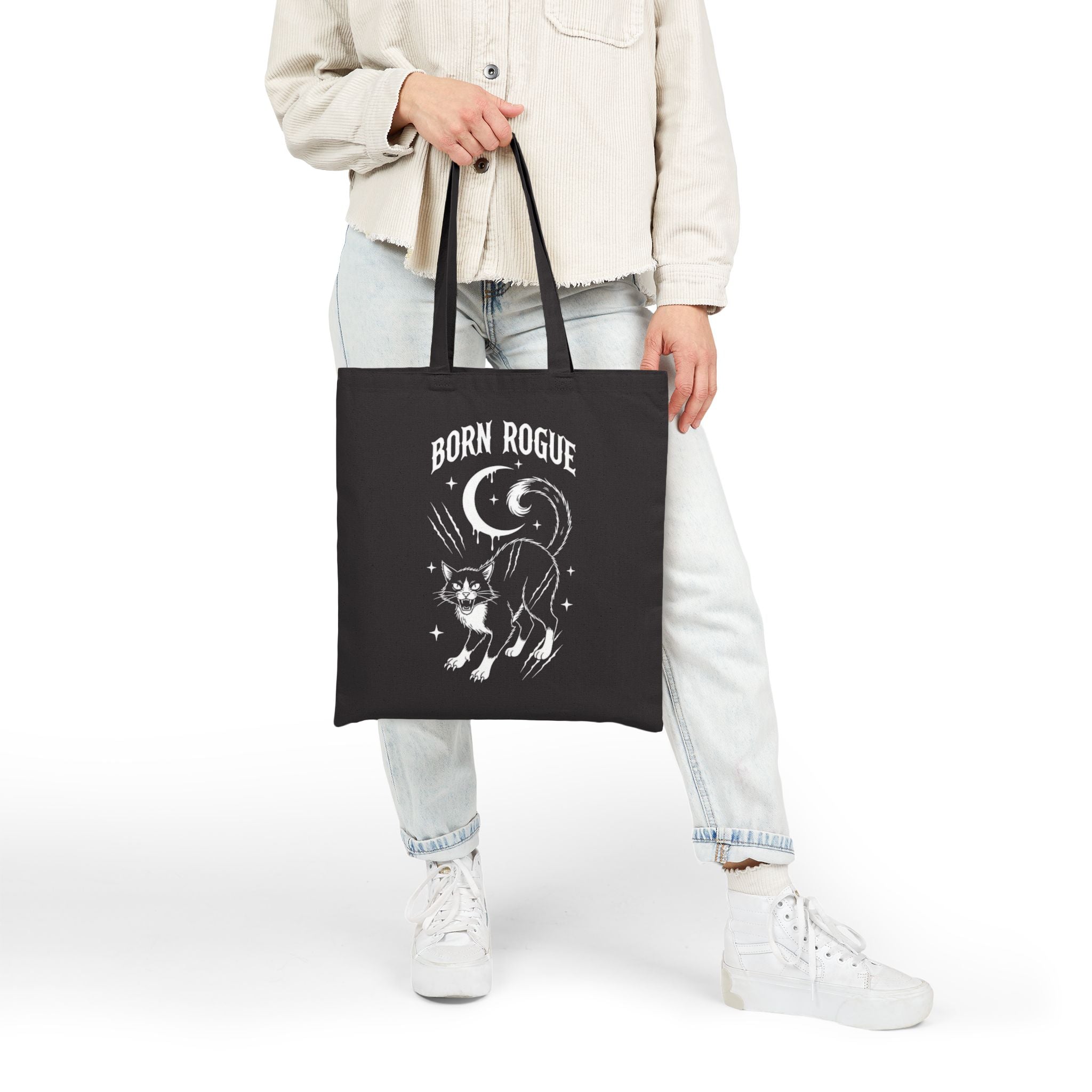 Born Rogue Cat & Dripping Skull Tote Bag — Gothic Canvas Shopper