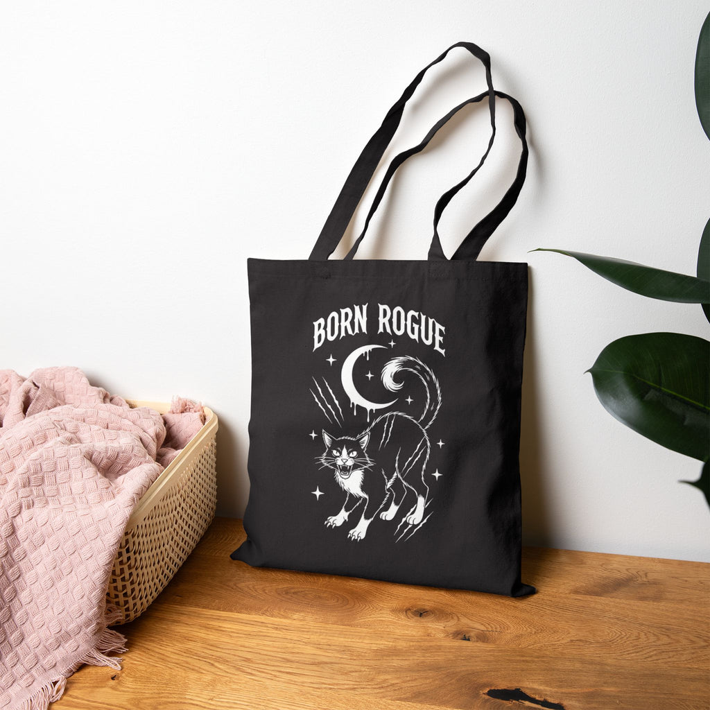 Born Rogue Cat & Dripping Skull Tote Bag — Gothic Canvas Shopper