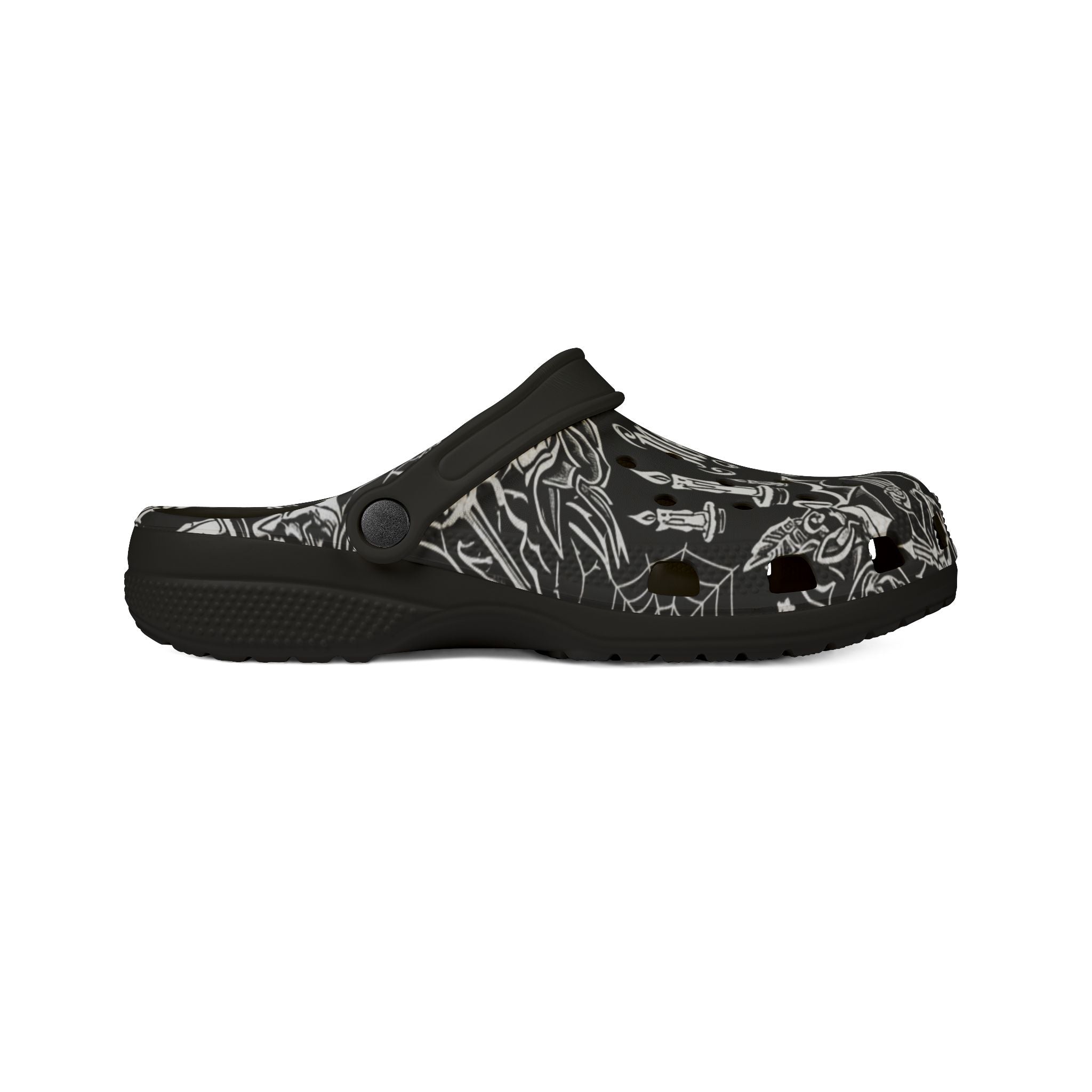 Gothic Skull & Dagger EVA Foam Clogs — Black All-Over Print