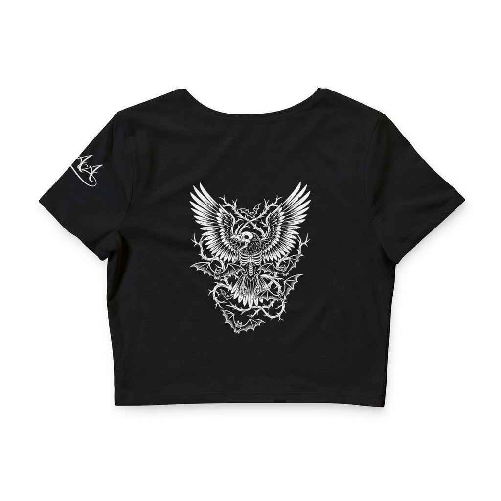 Crop Tee — "Dead & Dreaming" Skull Crown with Bat & Owl Gothic Design