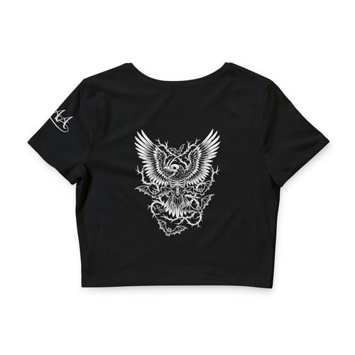 Crop Tee — "Dead & Dreaming" Skull Crown with Bat & Owl Gothic Design