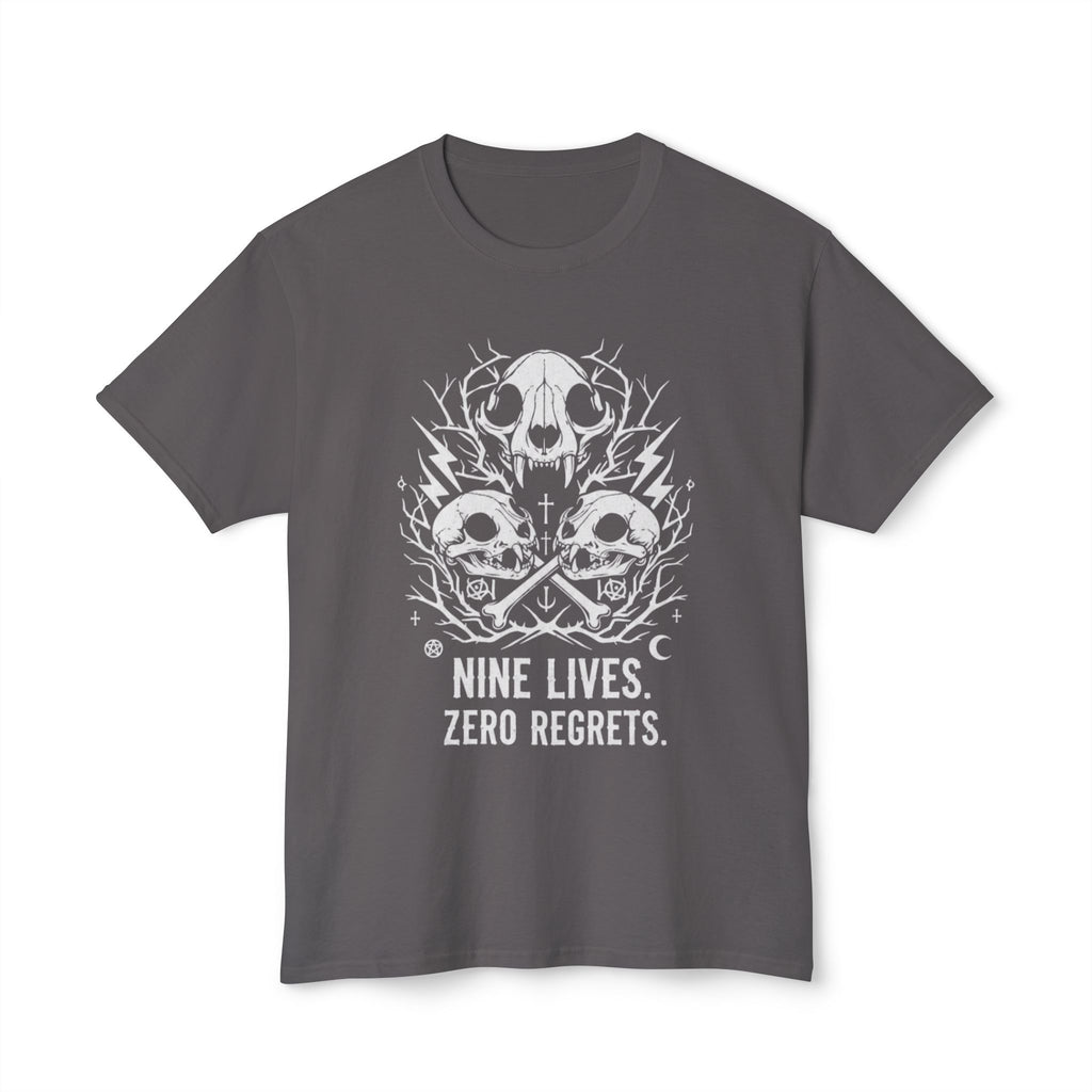 Nine Lives, Zero Regrets Cat Skull Tee — Gothic Graphic T-Shirt