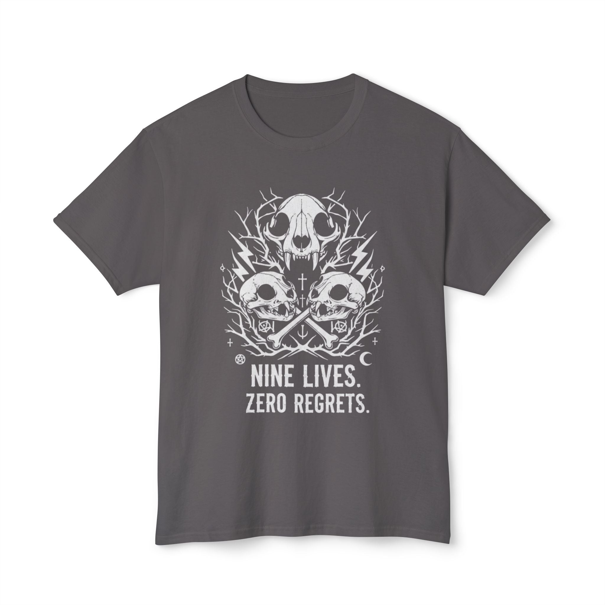Nine Lives, Zero Regrets Cat Skull Tee — Gothic Graphic T-Shirt