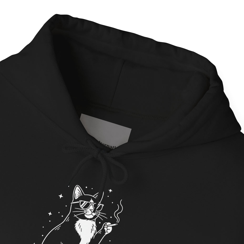 Cat Knows Hoodie — Black Graphic Cat Pullover with Paw Sleeve Prints