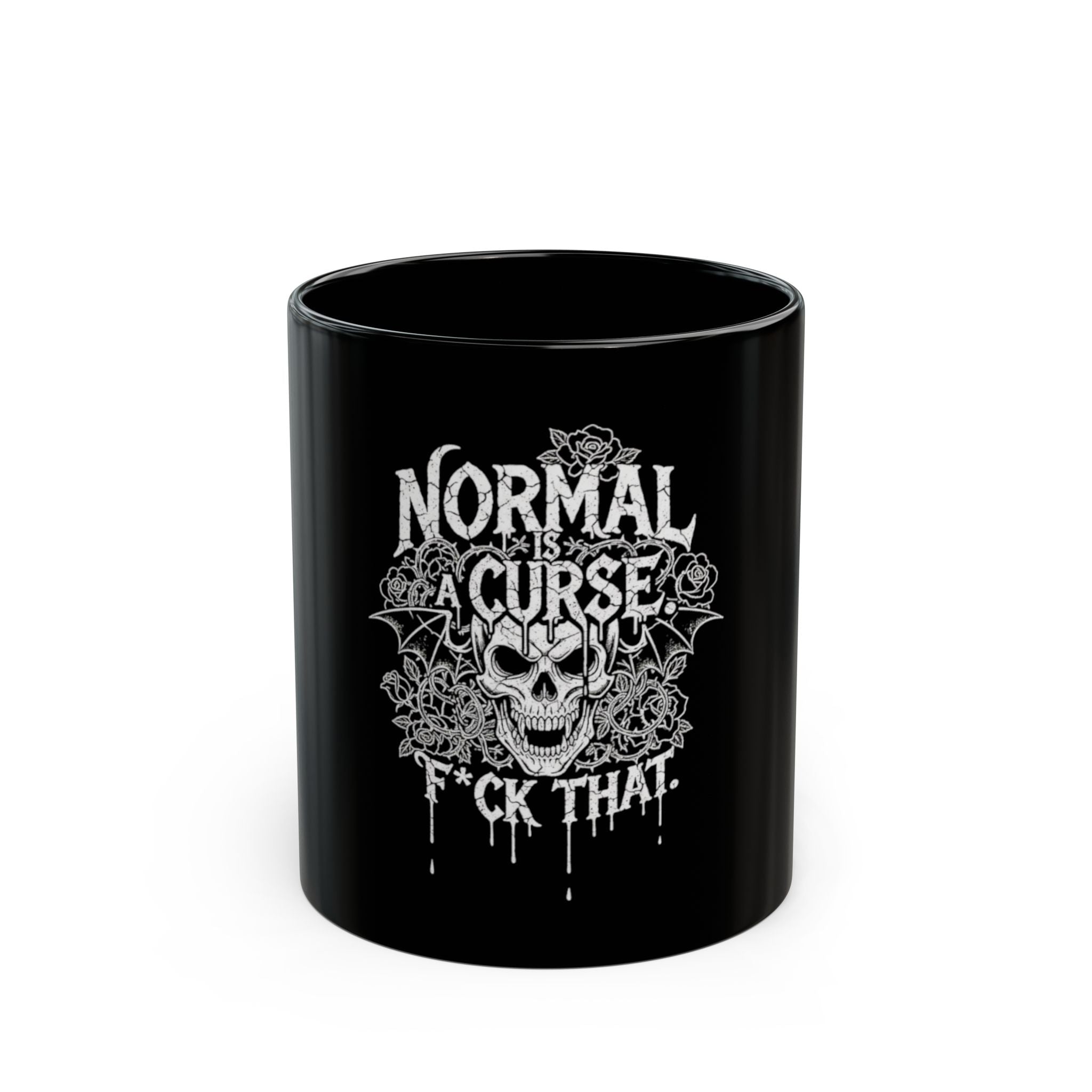 Black Skull Mug – “Normal Is a Curse, F*ck That” Gothic Coffee Cup