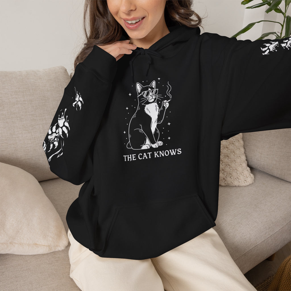 Cat Knows Hoodie — Black Graphic Cat Pullover with Paw Sleeve Prints