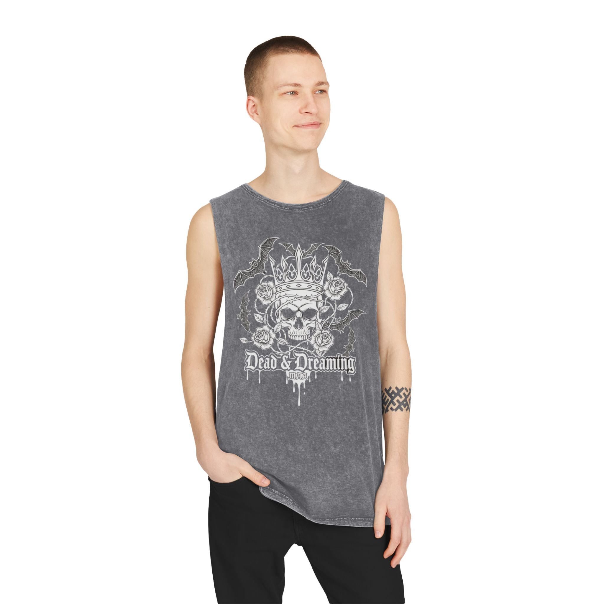 Skull Crown Tank Top — 'Dead & Dreaming' Stonewash Muscle Tee